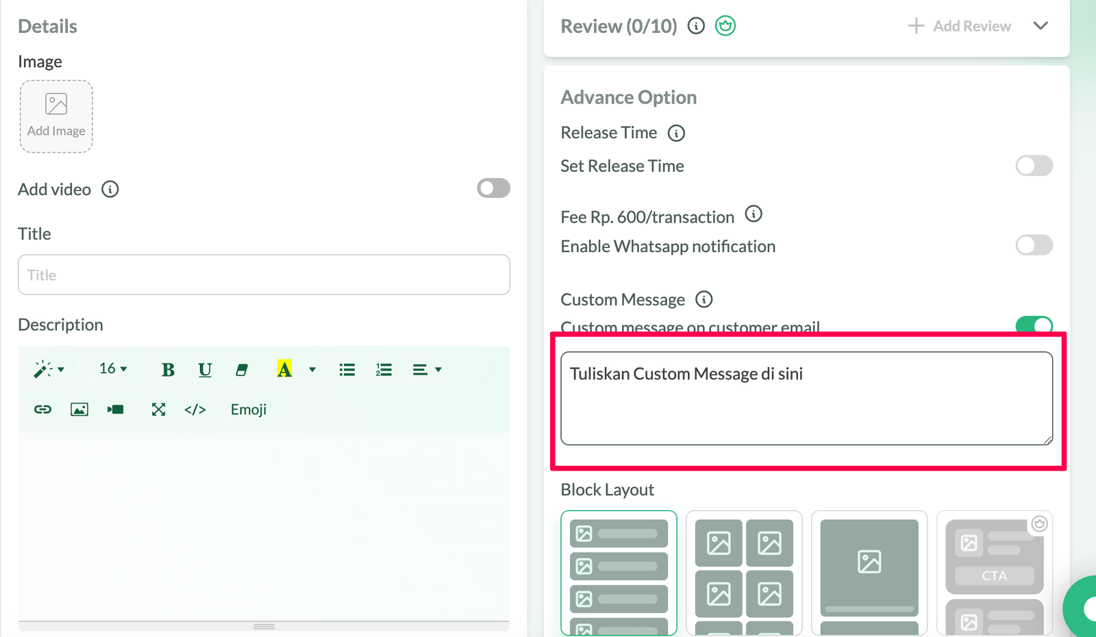 LYNK | Custom Message untuk customer setelah pembelian