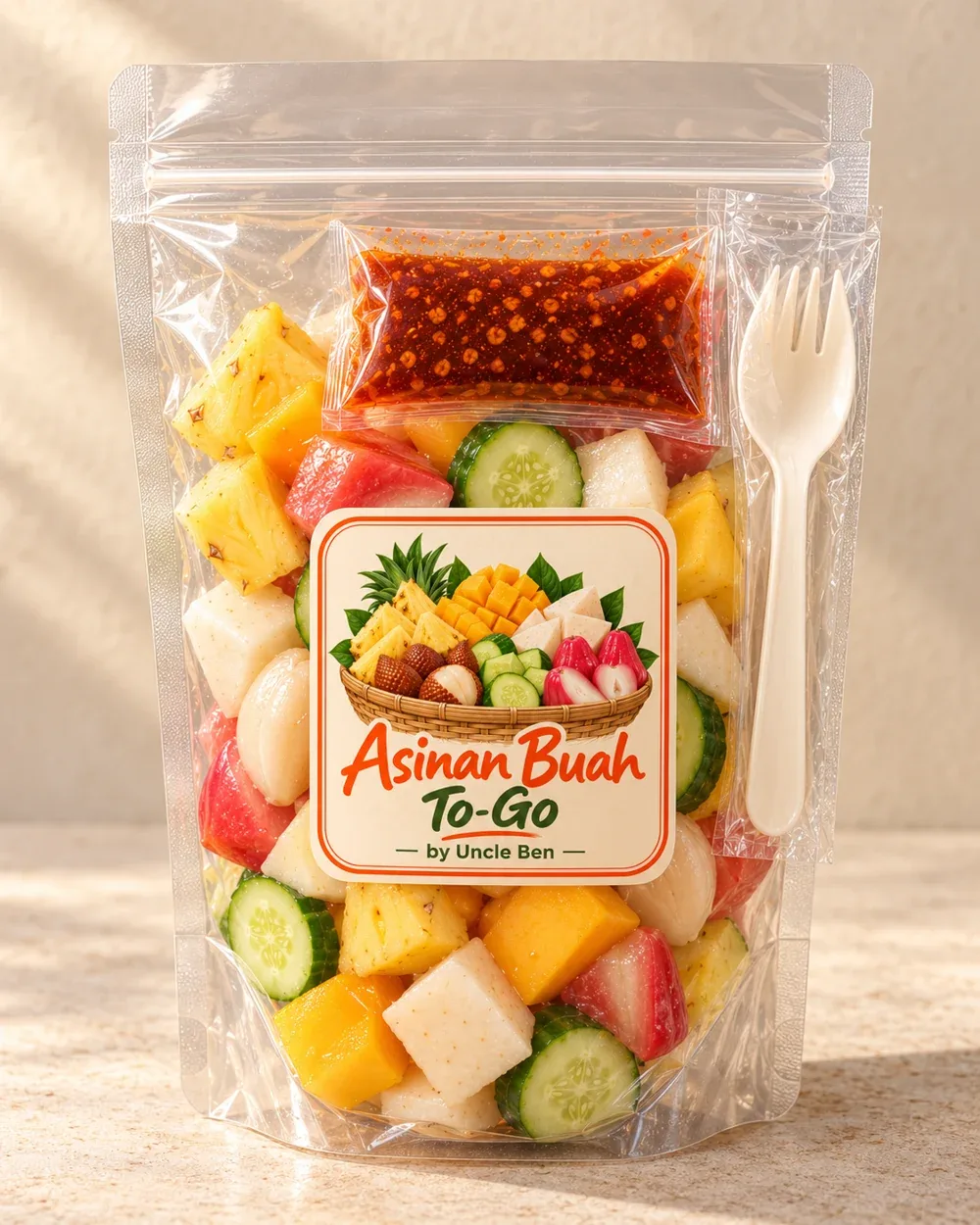 Visual konsep pouch Asinan Buah To-Go dengan label Uncle Ben, buah, sachet kuah terpisah dan spork terbungkus