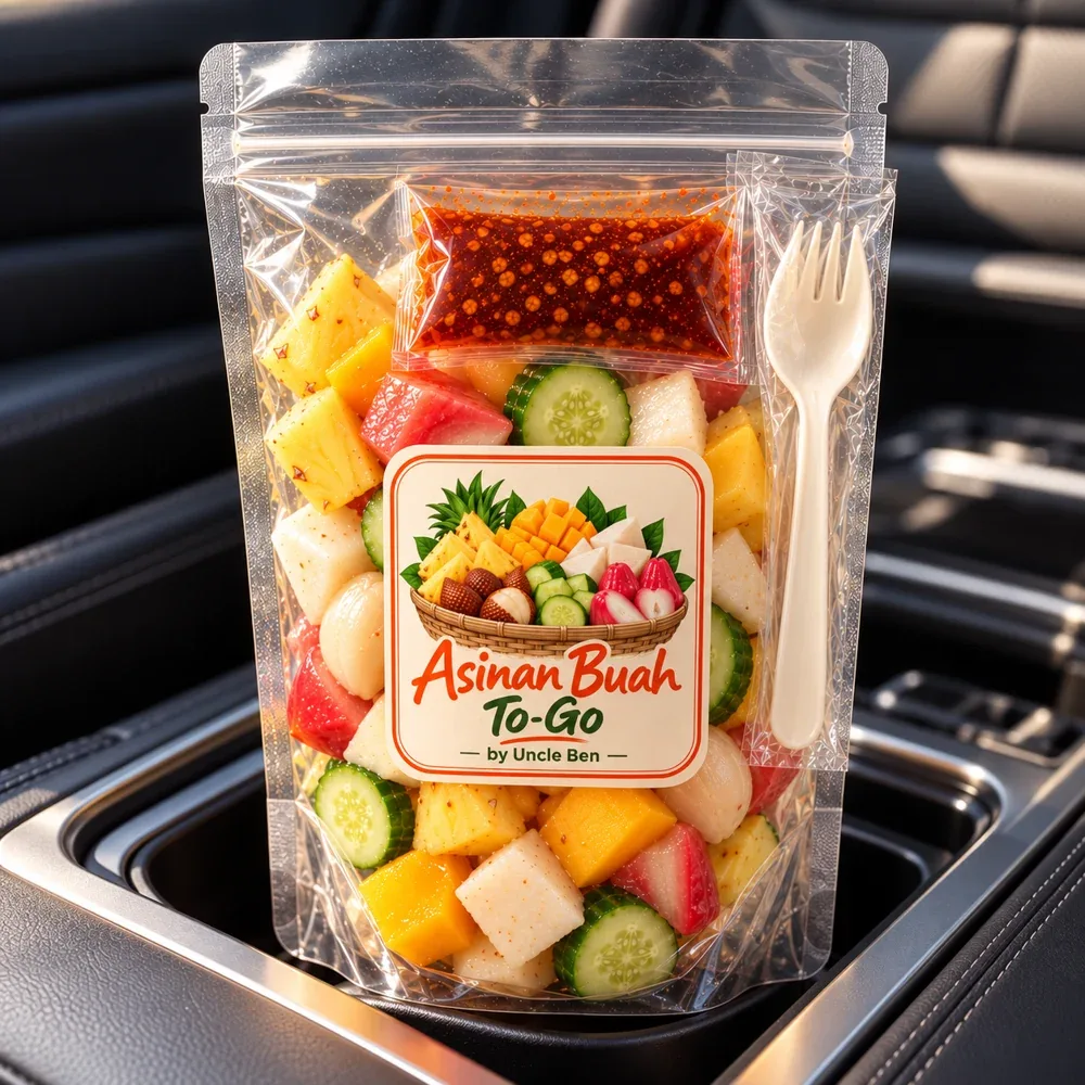 Visual konsep Asinan Buah To-Go menemani jeda perjalanan di mobil yang sedang berhenti