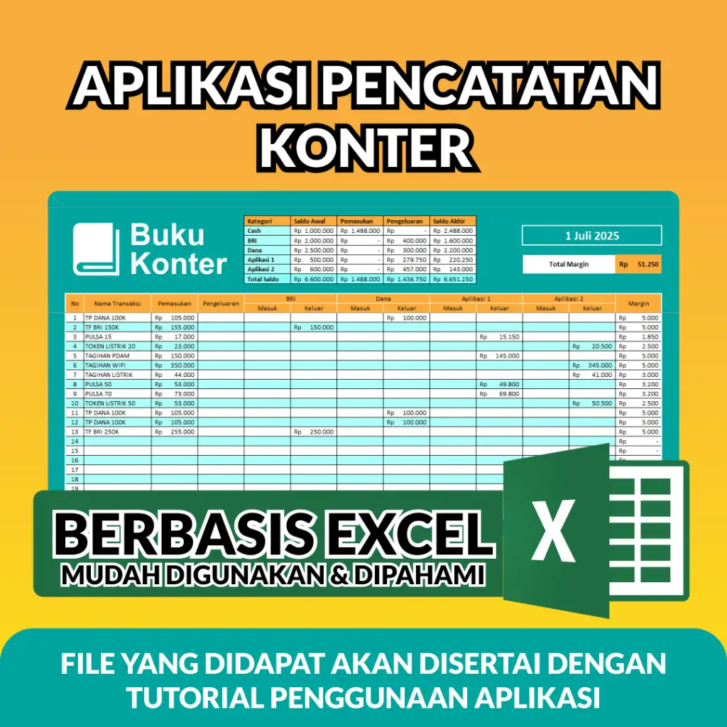 Aplikasi Buku Konter versi Excel v.1.1. (Cocok untuk Agen BRI Link, BSI Agen, Agen BNI 46) - Bisa Online
