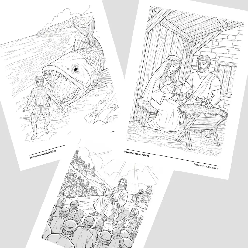 20 lembar worksheet mewarnai tokoh Alkitab